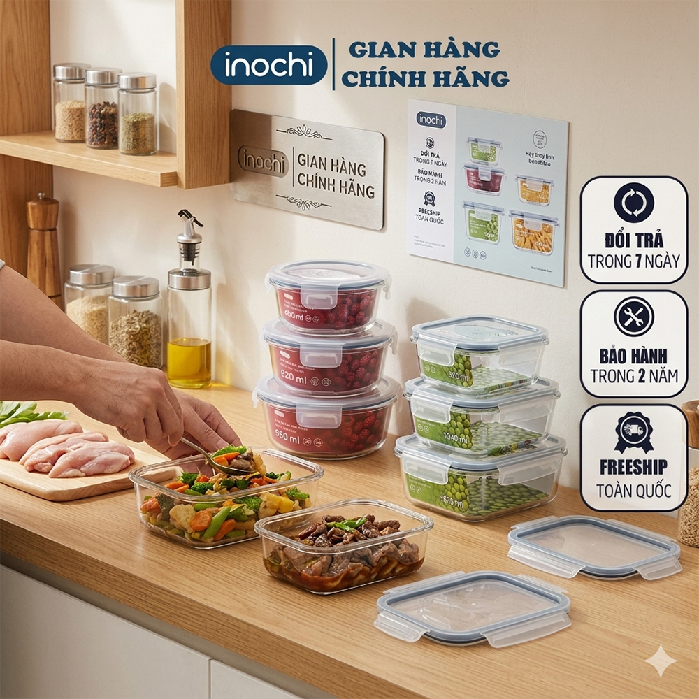 Hộp Thủy Tinh -Đựng Thực Phẩm Nikko INOCHI Đựng Đồ Ăn, Thức Ăn Trong Ngăn Đá Tủ Lạnh Chịu nhiệ 400°C