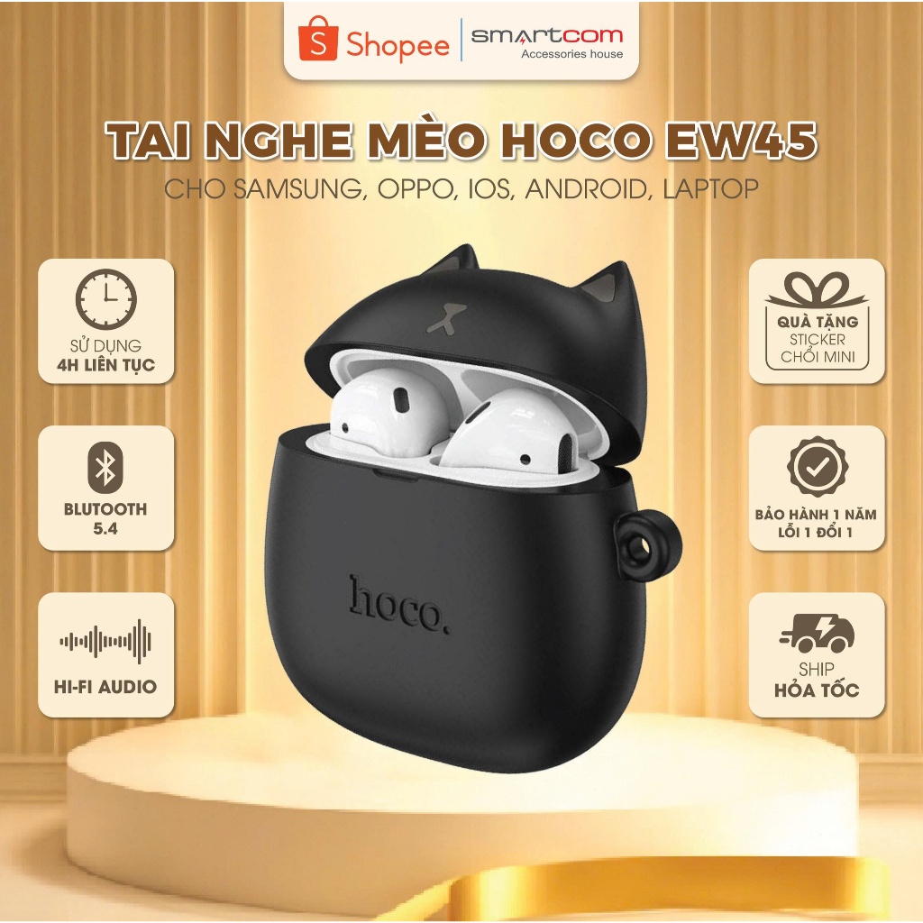 [Tặng ốp mèo] Tai nghe Bluetooth Hoco EW45 bass mạnh pin trâu kiểu dáng thời trang - bảo hành 12 thá