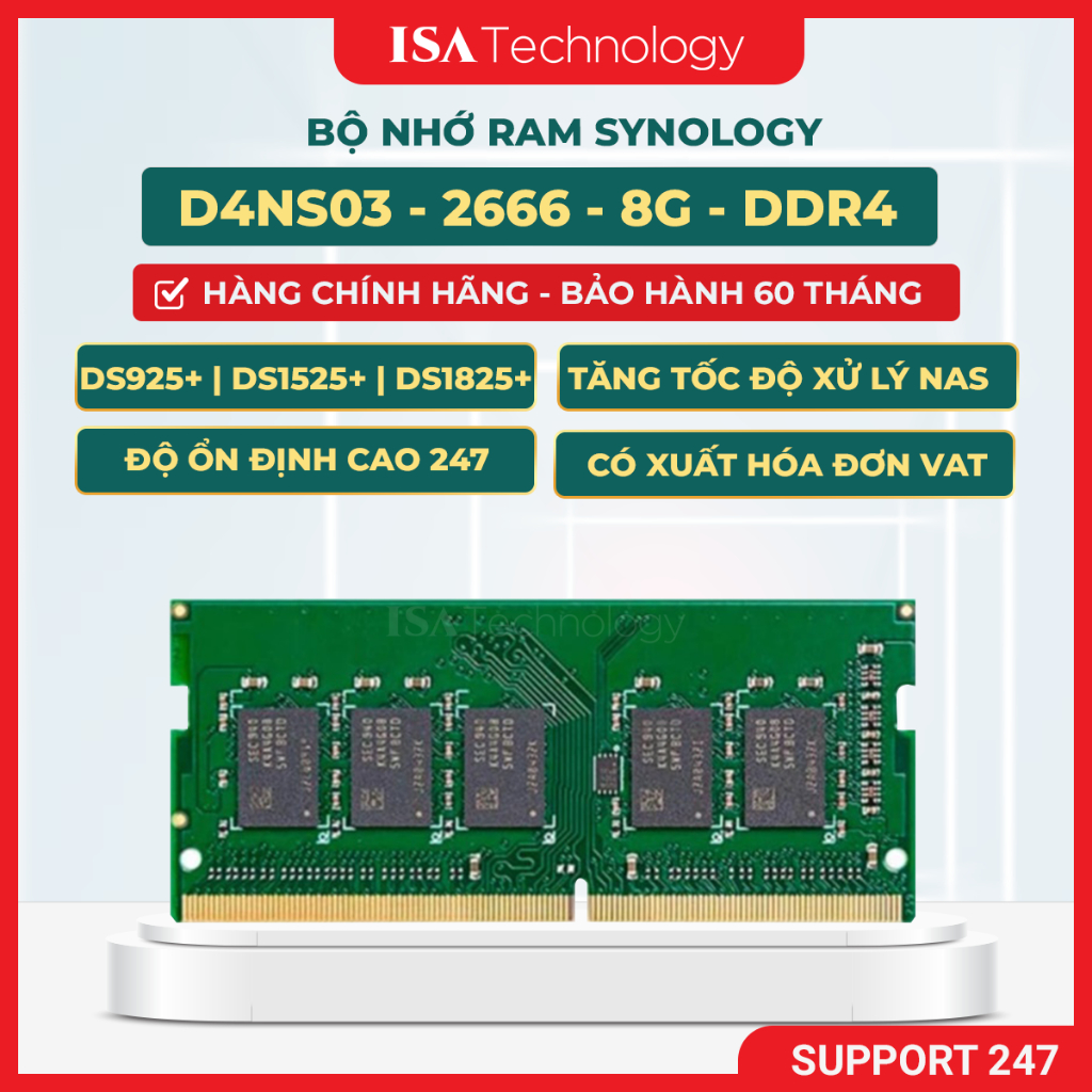 Bộ nhớ RAM Synology D4ES03 - 8G DDR4 ECC SODIMM 2666MHz dành cho Nas DS725+, DS925+ DS1525+ DS1825+
