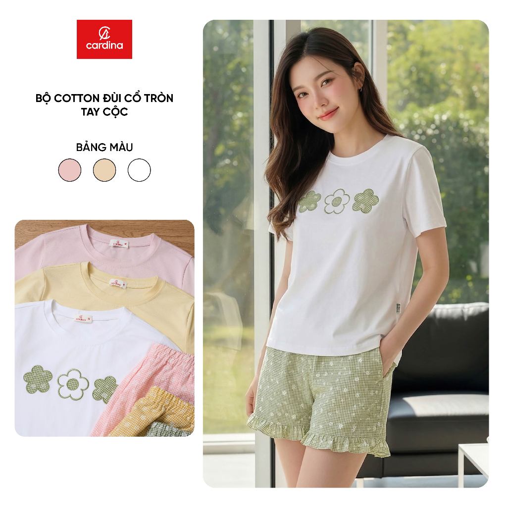 Đồ bộ mặc nhà nữ CARDINA chất cotton áo cổ tròn tay cộc và quần đùi 6BCN03