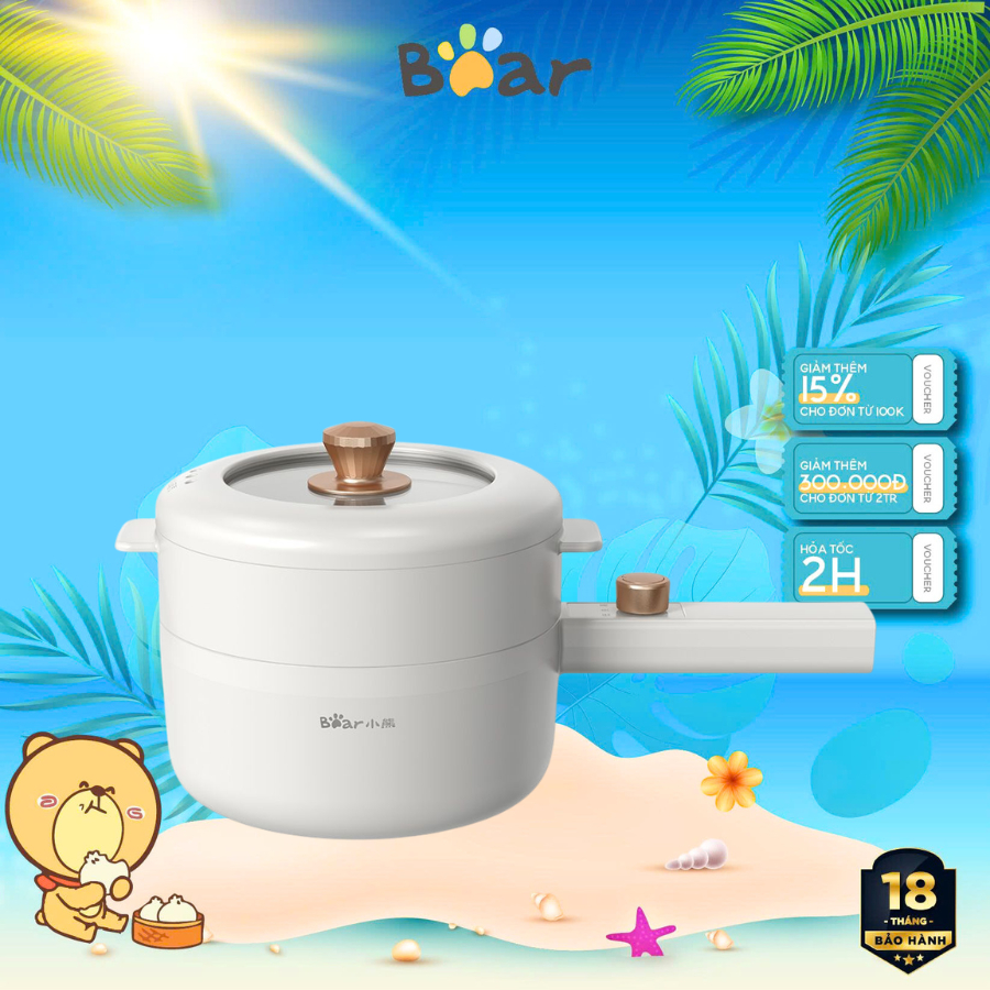Nồi lẩu điện 1.6L đa năng Bear MC-4H16U (DRG-P16M2), 700W, 2 Mức Nhiệt, Chống Dính, Kèm Xửng Hấp