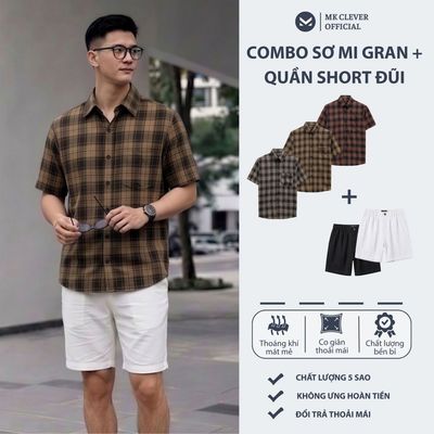 Set Bộ Nam Áo Sơ Mi Kẻ Gran + Quần Short Đũi Line MKCLEVER Form Rộng Thoáng Mát, Set Đồ Nam Trẻ Trung Mùa Hè