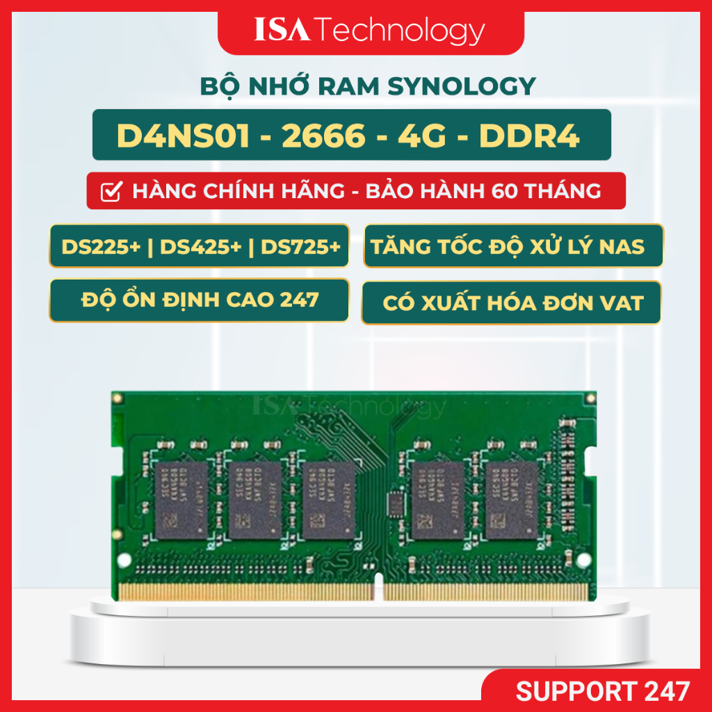 Bộ nhớ RAM Synology D4NS01 - 4G DDR4 ECC SODIMM 2666MHz dành cho Nas DS725+, DS425+ ds224+ ds225+