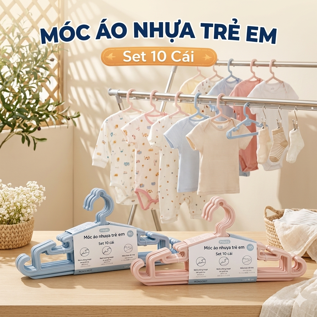 Set 10 Móc áo trẻ em Inochi (MA185) Móc quần áo, Móc nhựa Thích hợp cho cả giàn phơi và dây phơi