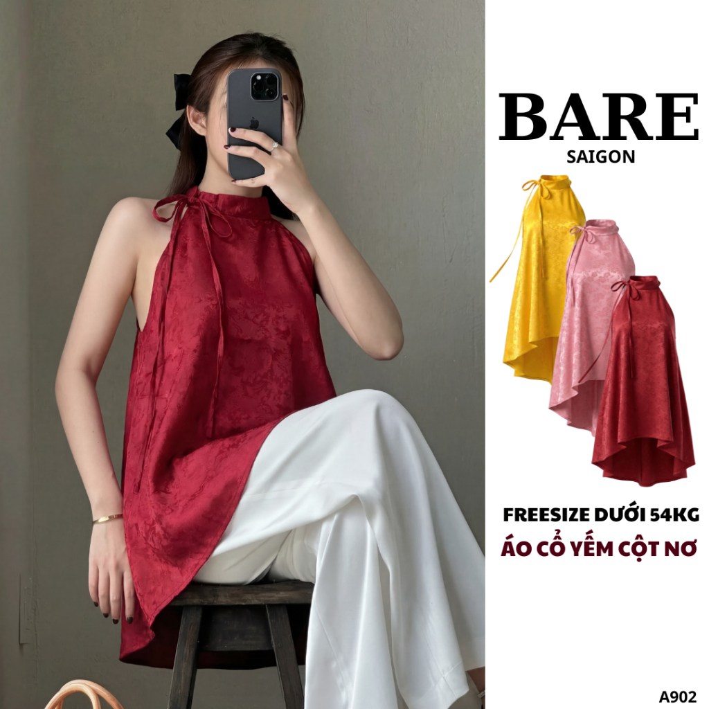 BARE_Áo Cổ Yếm Cột Nơ & Quần Lụa, Áo Yếm Linen Dáng Xoè Nhẹ Nàng Nữ Tính Mặc Dịp Tết - Hè_A421,A902