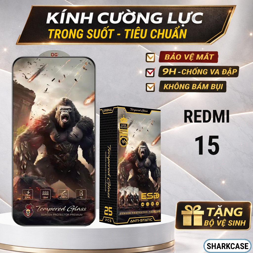 Kính cường lực Redmi 15 chiến binh full màn trong suốt bảo vệ màn hình dt shark case