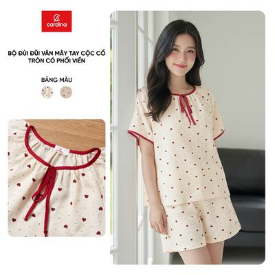 Đồ bộ mặc nhà nữ CARDINA chất đũi vân mây tay cộc cổ tròn phối viền và quần đùi 6BON04