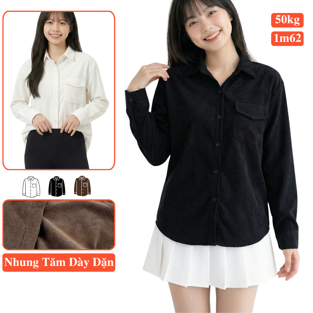 Áo Sơ Mi Nữ Tay Dài Unisex Form Rộng Vải Nhung Tăm Cá Tính, Sơ Mi Nhung Dài Tay Nữ Phong Cách Unisex Dáng Rộng Madela.