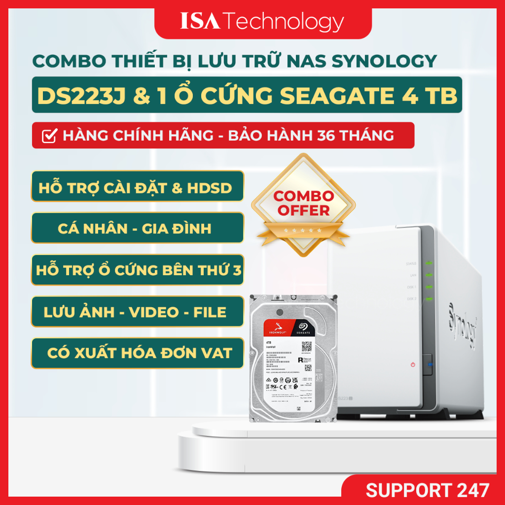 [Combo] NAS Synology DS223J và 1 Ổ Cứng Seagate 4 TB dành cho cá nhân và gia đình lưu trữ dữ liệu