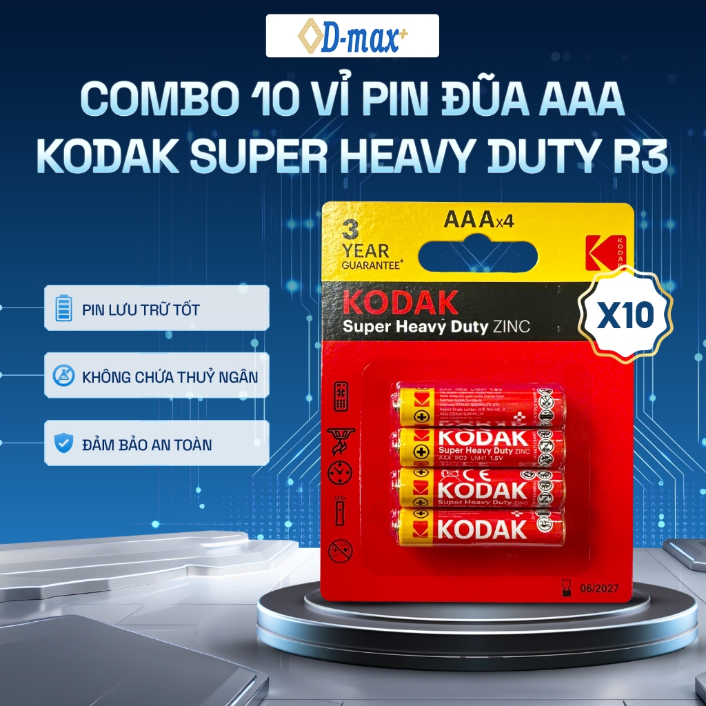 [Set 10 Vỉ] Pin Đũa AAA KODAK Carbon Super Heavy Duty R3 – Pin Than Kinh Tế, Chính Hãng