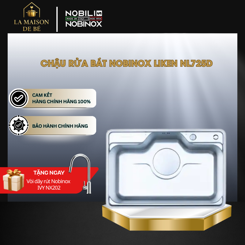 Chậu Rửa Bát 1 Hố Nobinox Liken NL725D - Inox 304 POSCO - Độ Bền Vượt Trội - LMS