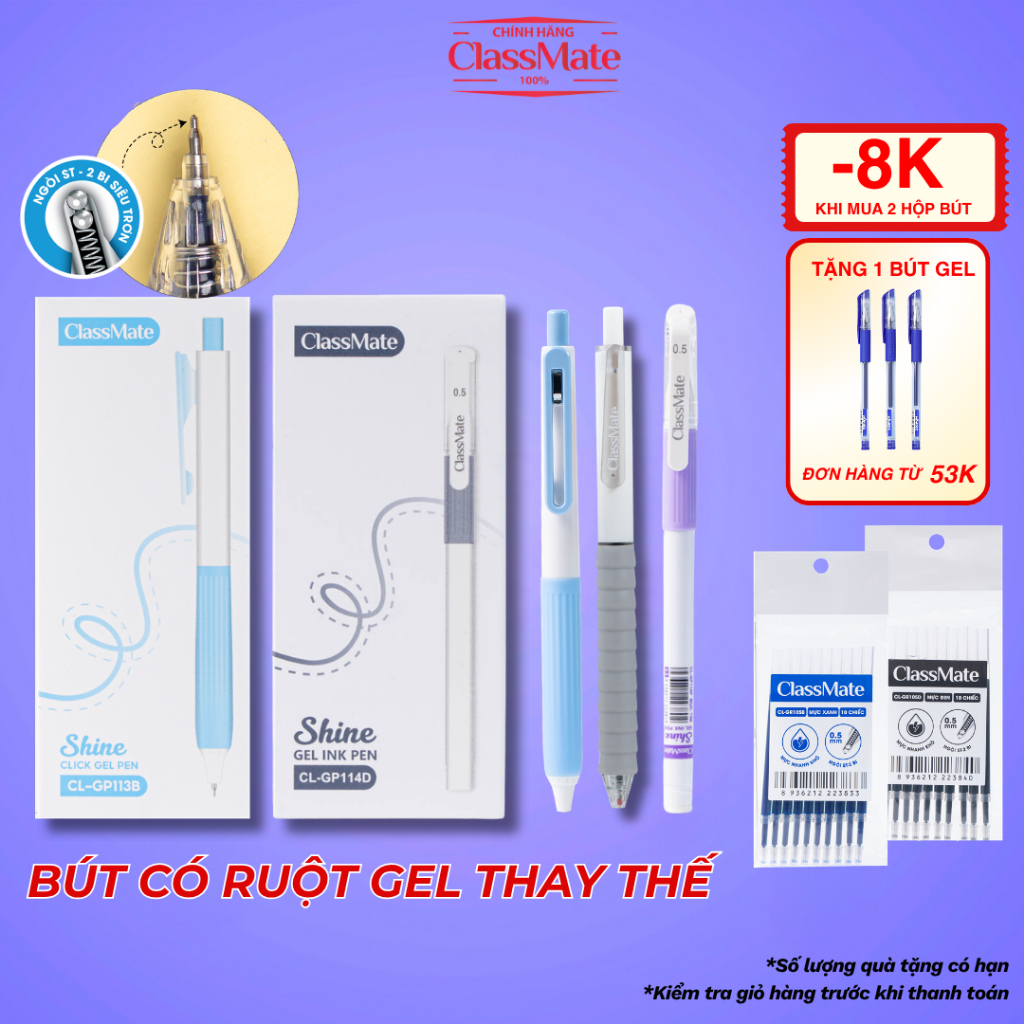 [GIẢM 8K] Hộp 10/ 12 Bút Gel Bấm CLASSMATE Ngòi ST 2 Bi Siêu Trơn 0.5mm Đủ Màu Mực Nhanh Khô,Có Ngòi