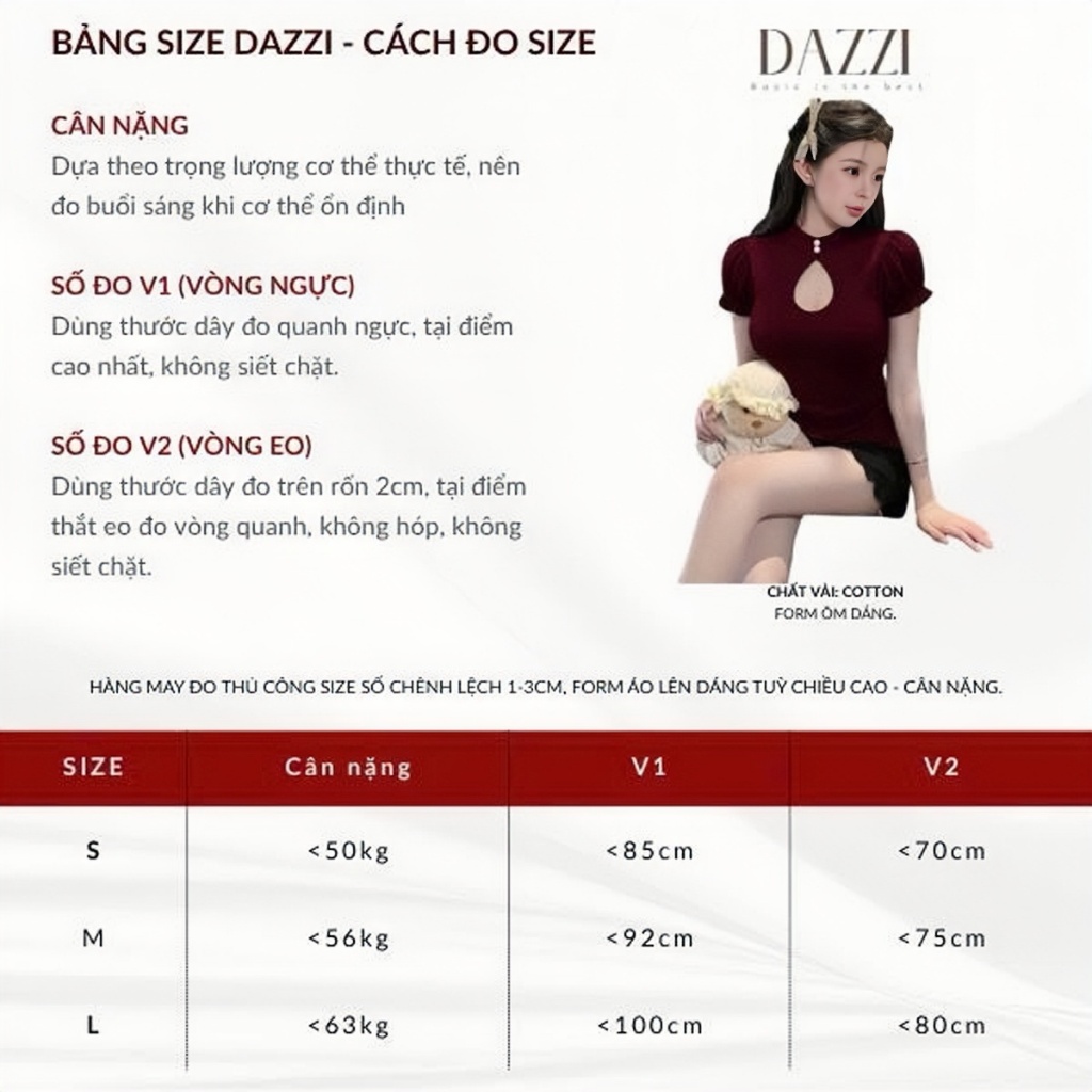 [NHẬN TRƯỚC LỄ] Áo thun nữ thiết kế cổ đính nút khoét giọt lệ tay bồng cotton tôn dáng DAZZI women A078 | BigBuy360 - bigbuy360.vn