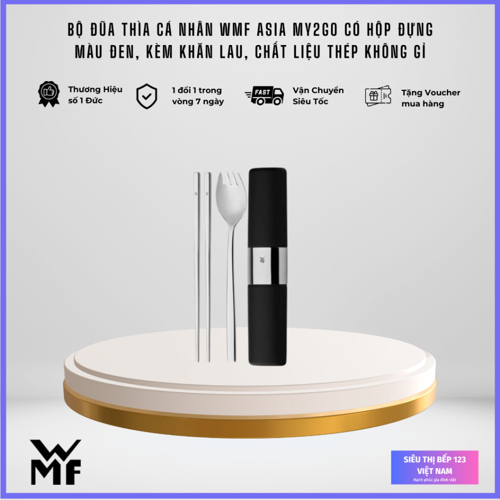 Bộ Đũa Thìa Cá Nhân WMF Asia My2Go Hộp Đựng Màu Đen + Khăn Lau, Chất Liệu Thép Không Gỉ