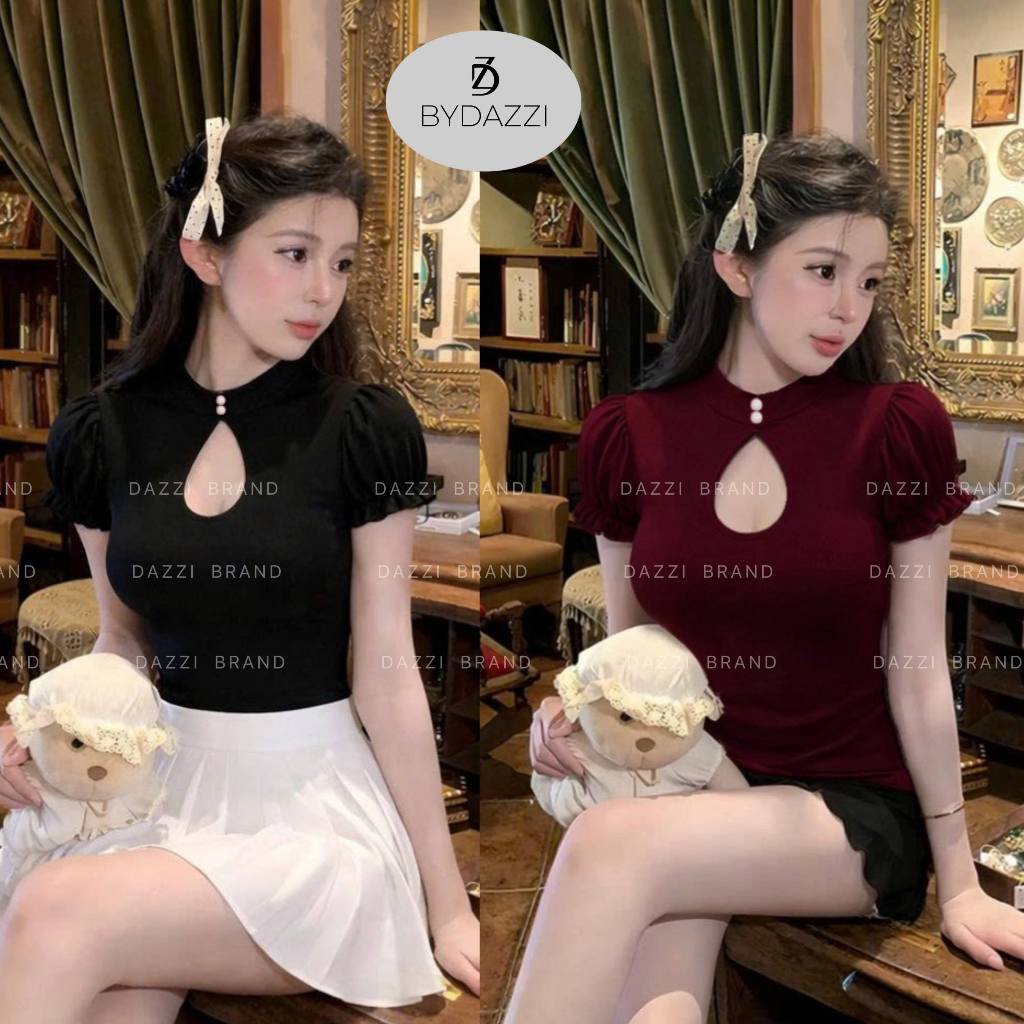 [NHẬN TRƯỚC LỄ] Áo thun nữ thiết kế cổ đính nút khoét giọt lệ tay bồng cotton tôn dáng DAZZI women A078 | BigBuy360 - bigbuy360.vn