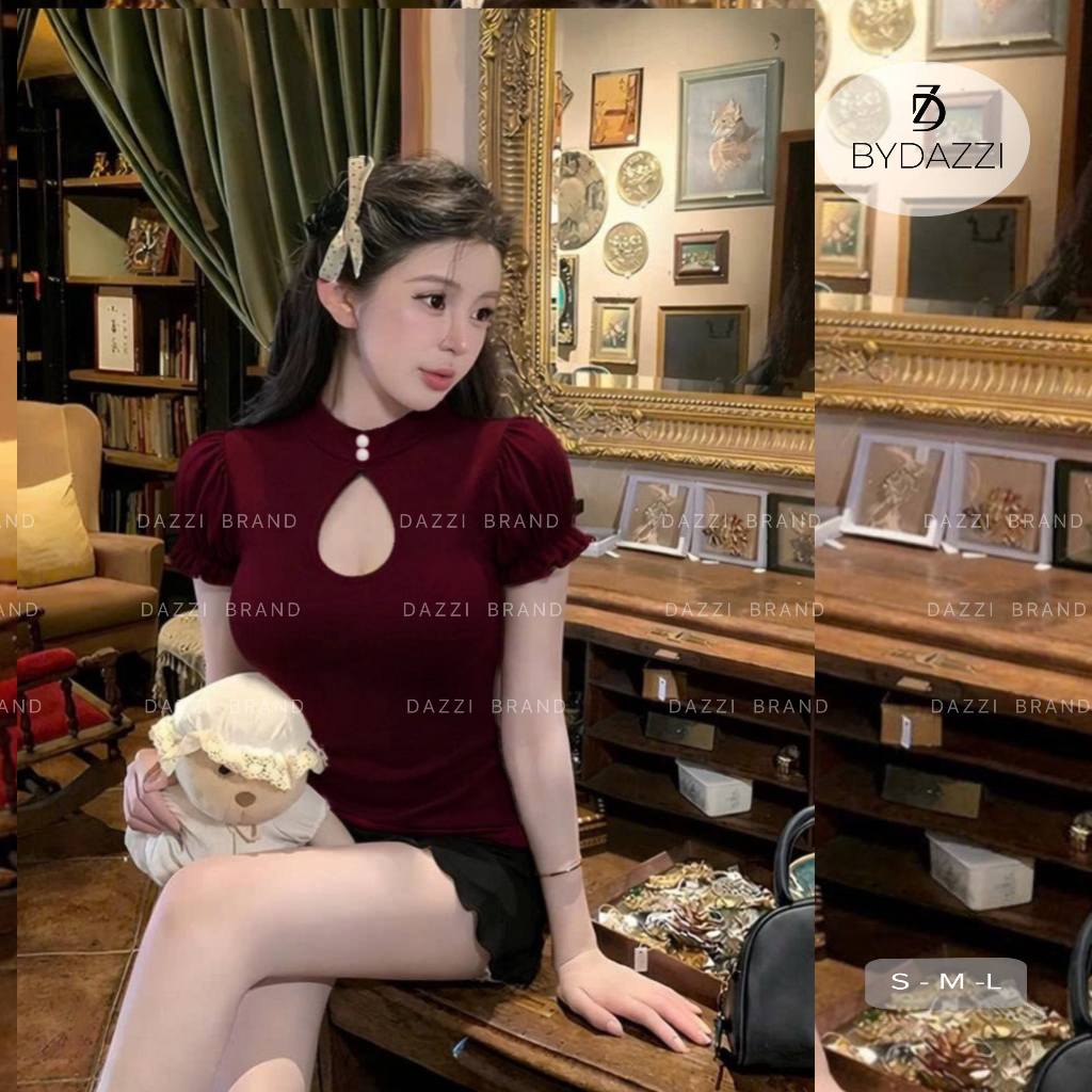 [NHẬN TRƯỚC LỄ] Áo thun nữ thiết kế cổ đính nút khoét giọt lệ tay bồng cotton tôn dáng DAZZI women A078 | BigBuy360 - bigbuy360.vn