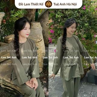 Vạt hò kate màu rêu đồ lam đi chùa nút bấm FORM RỘNG- Lam Tuệ Anh