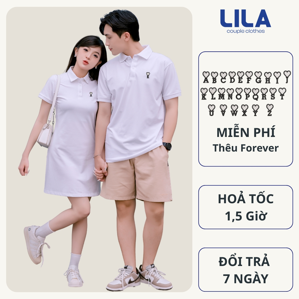 Set đồ đôi áo polo nam và váy có cổ nữ FOREVER LILA basic thêu theo yêu cầu đồ cặp couple cotton