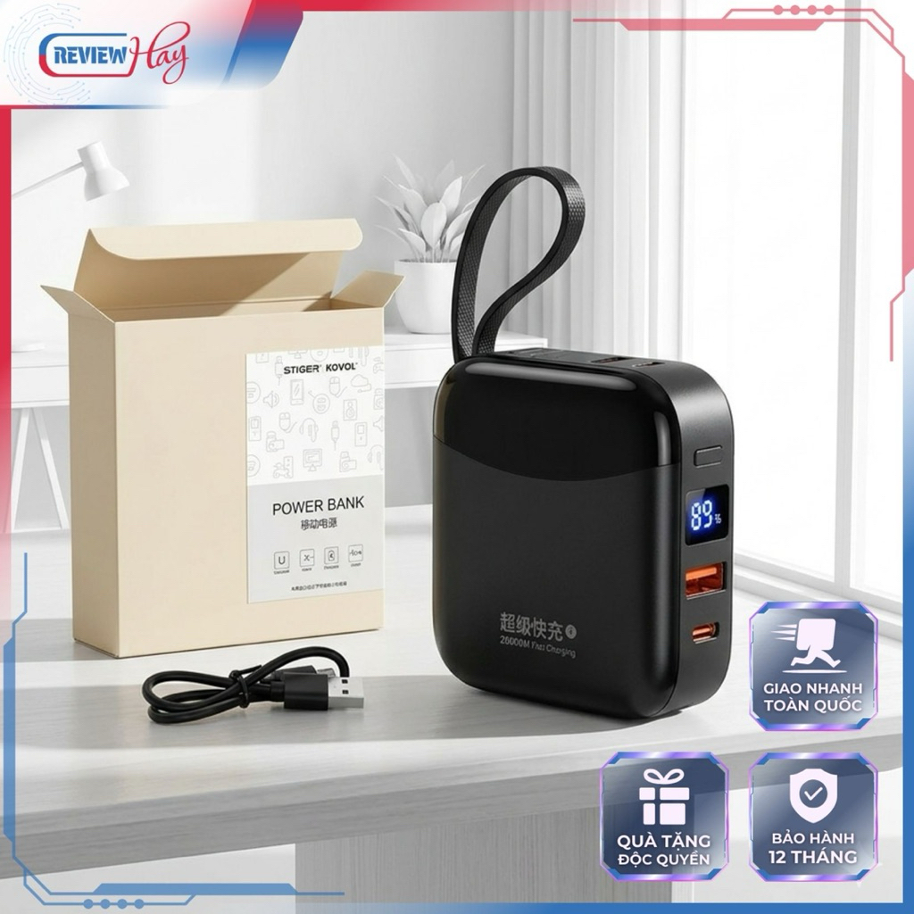 Pin dự phòng KOVOL 20.000M dung lượng 10.000mAh , liền dây cáp L & C, sạc nhanh 22.5W