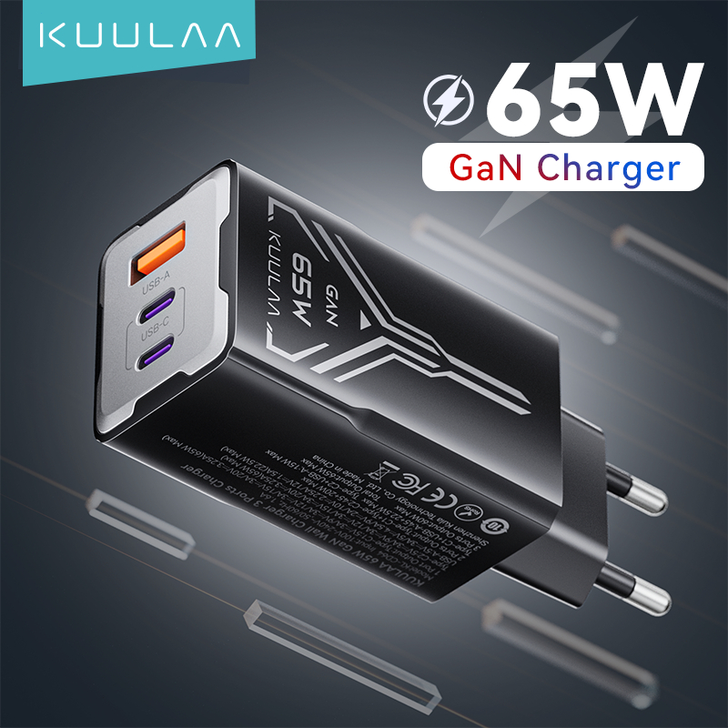 Sạc GaN Kuulaa 65W 3 cổng (USB A + C + C) Sạc nhanh 3.0 & PD 3.0 Tương thích laptop, Hỗ trợ iP 17/16