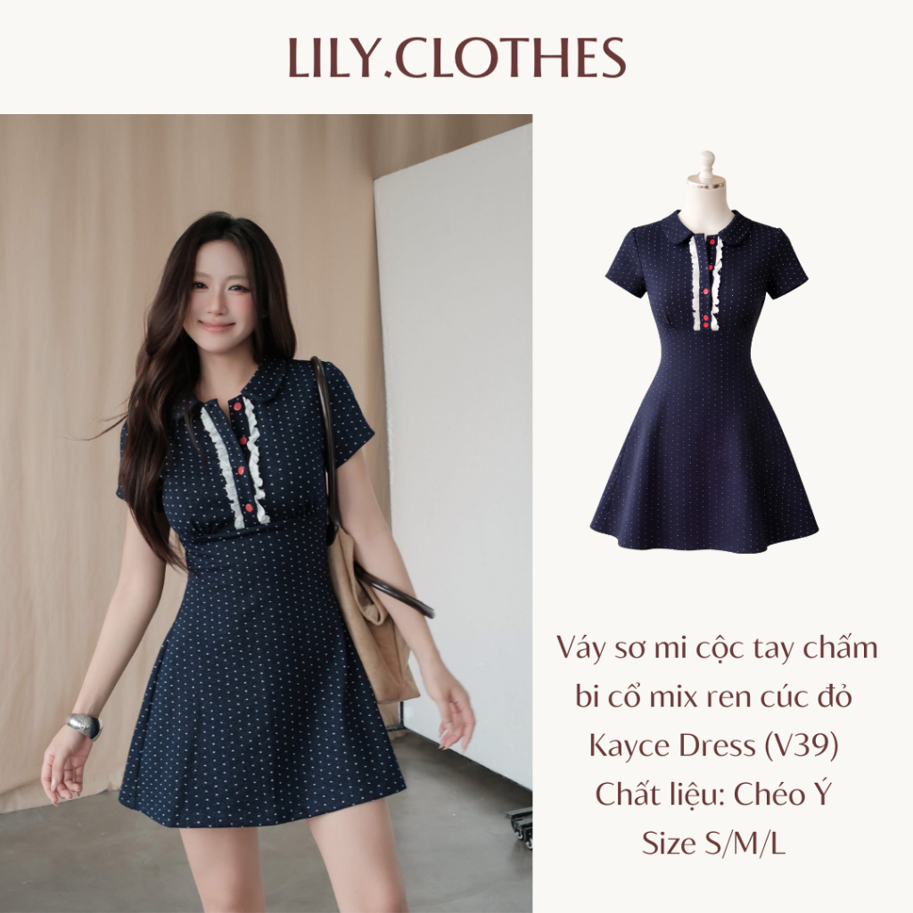 Lily.clothes- (Sẵn) Kayce Dress- Váy sơ mi nữ cộc tay chấm bi dáng ngắn cổ phối ren cúc đỏ kèm quần bảo hộ (V39) | BigBuy360 - bigbuy360.vn