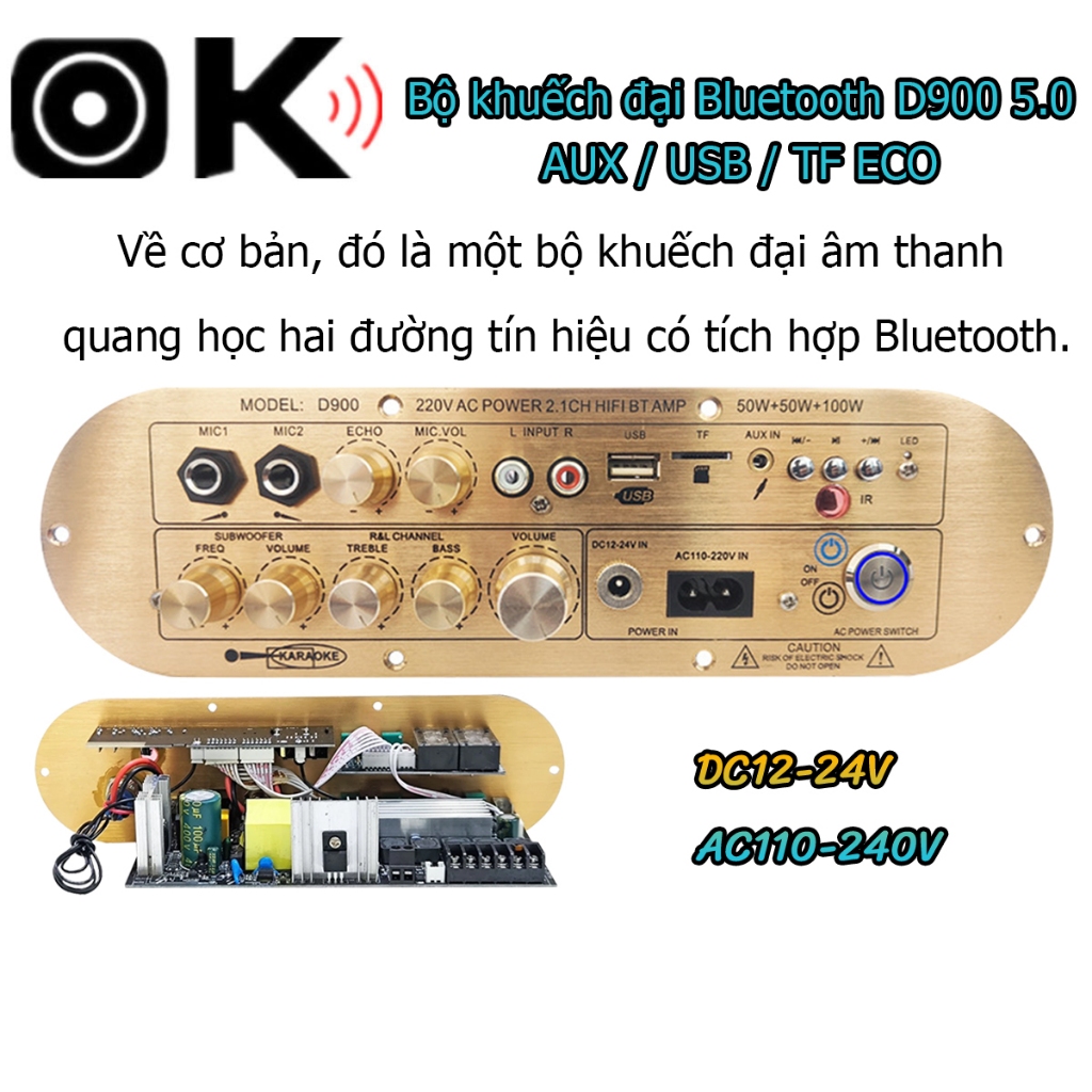D900 - Mạch khuyếch đại âm thanh 2.1 Karaoke Bluetooth 100W+50W*2 kèm phụ kiện