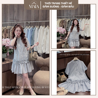Đầm bầu babydoll thiết kế , váy bầu dự tiệc mùa hè kẻ xanh tay ngắn cổ tàu cúc bọc sịn xò xinh miễn chê cho các Mom