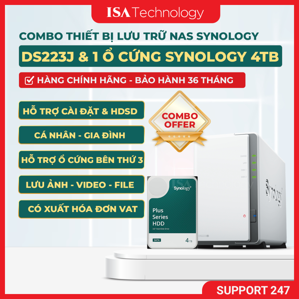 [COMBO] NAS Synology DS223J thiết bị lưu trữ mạng 2 bay và ổ cứng HAT3300 4TB – 3.5", 5400 RPM, SATA
