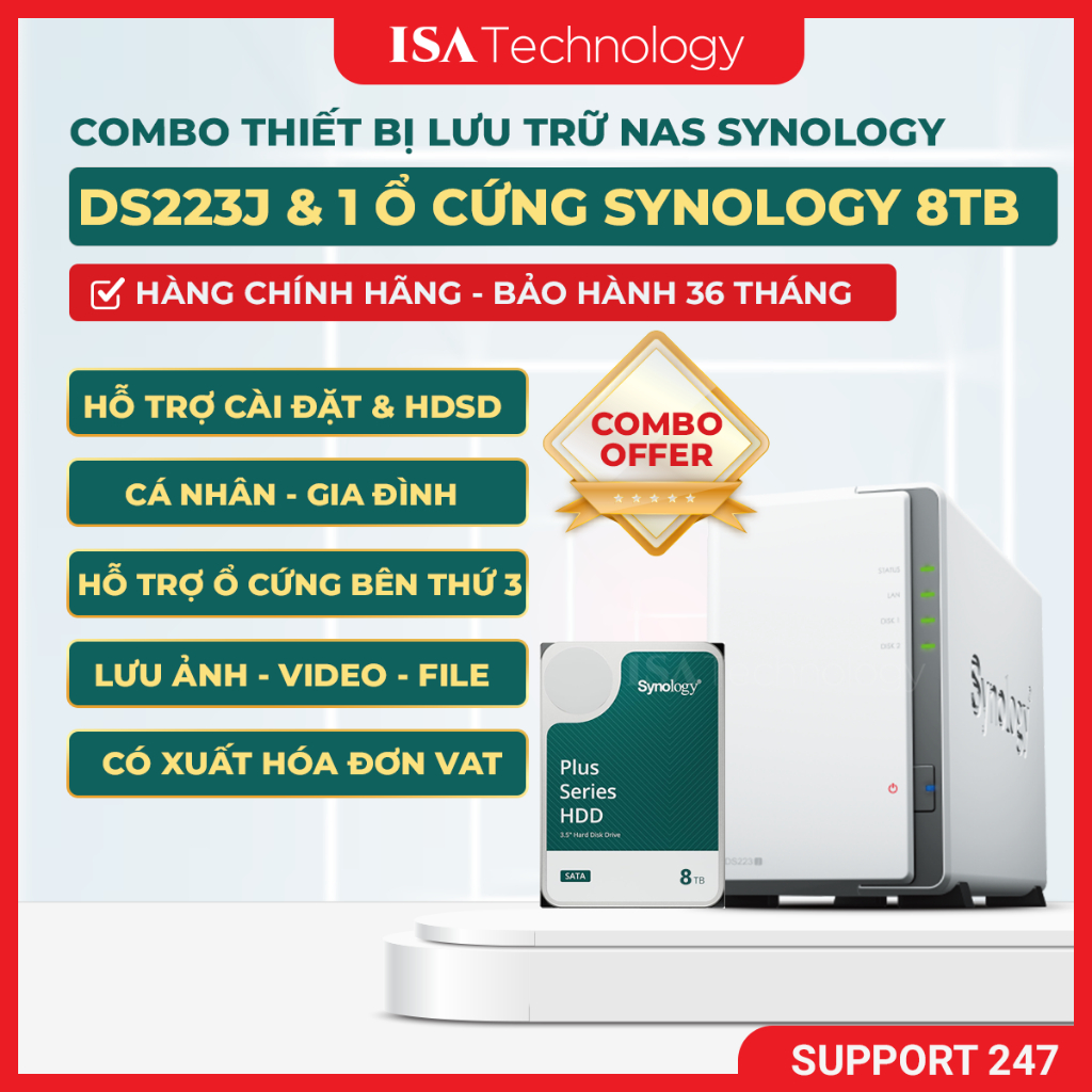 [COMBO] NAS Synology DS223J thiết bị lưu trữ mạng 2 bay và ổ cứng HAT3320 8TB – 3.5", 7200 RPM, SATA