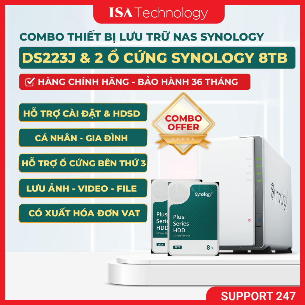 [COMBO] Nas Synology DS223J + 2 ổ cứng HAT 3320 8TB thiết bị lưu trữ mạng 2 bay cho cá nhân gia đình