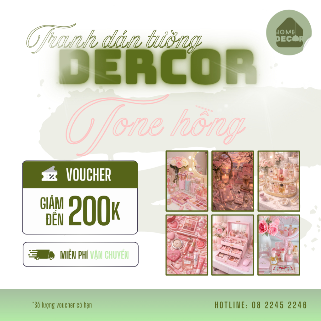 Tranh trang trí chủ đề đồ makeup dán tường Atwork Đèn Decor tone hồng cute hiện đại trang trí phòng