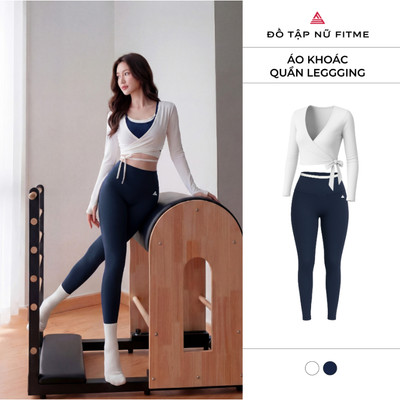 Bộ đồ tập yoga pilates gym nữ Fitme GLOW áo khoác trắng quần dài navy thoáng khí thấm hút mồ hôi