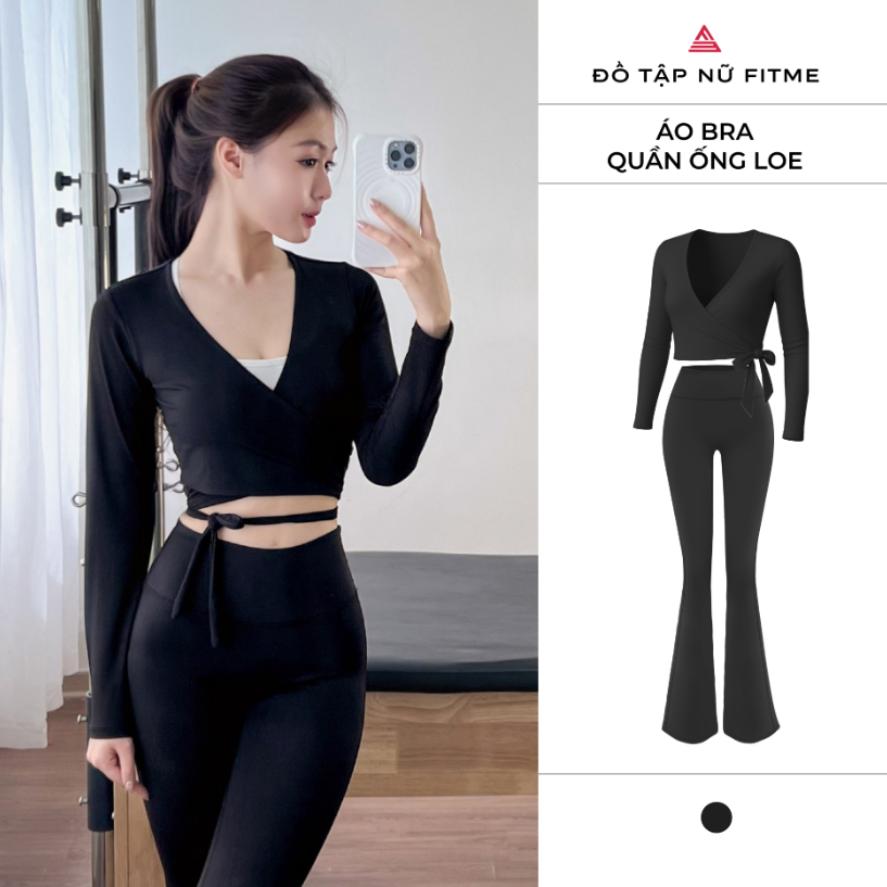 Bộ đồ thể thao nữ Fitme áo khoác Glow quần ống loe đen tập yoga pilates thấm hút mồ hôi, co giãn