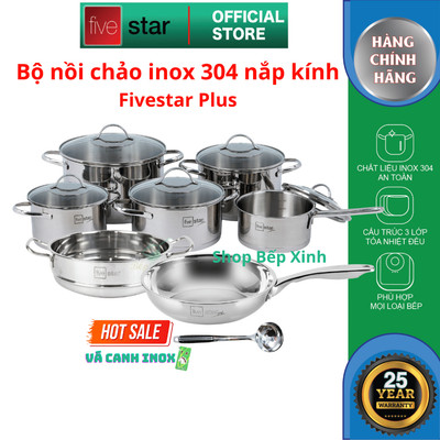 Bộ Nồi Inox 304 Fivestar Plus FPB5003 - 5 Món Cao Cấp, 3 Đáy Nắp Kính, Dùng Mọi Loại Bếp (Bếp Từ, Gas, Hồng Ngoại)