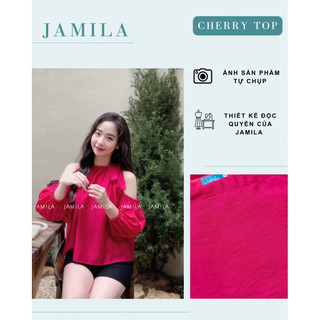 Áo kiểu nữ, áo hở vai cổ nơ xinh xắn mùa hè dáng suông màu hồng sen - Cherry top | JAMILA |