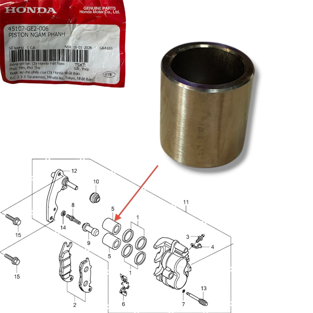 Piston heo thắng dưới xe Future 1, Wave 100, Future Neo (45107GE2006)