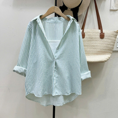 Áo Sơ Mi Bigsize Nữ Kẻ Sọc Dáng Rộng Phối Áo Dây Năng Động Vải Linen Mặc Mát A196+G118