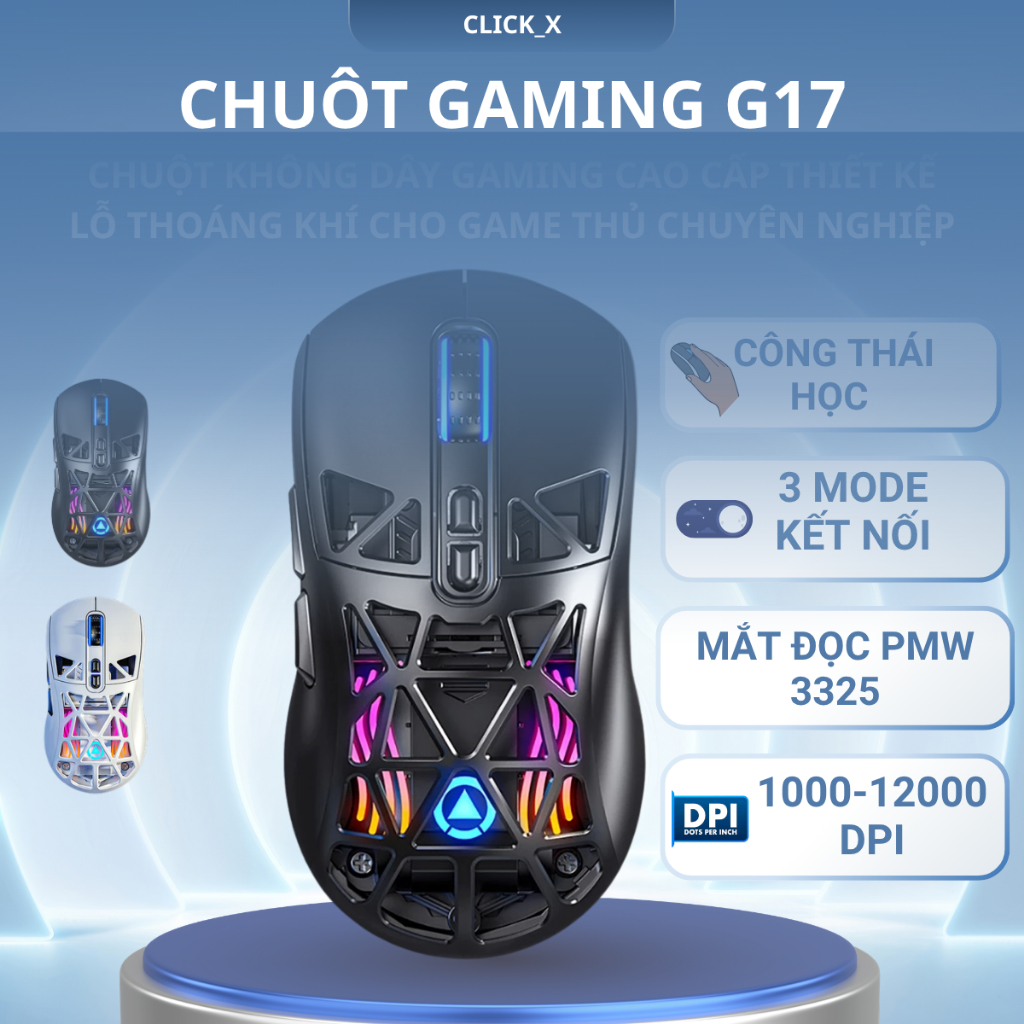 Chuột gaming không dây YINDIAO G17 bluetooth pin sạc nhẹ có lỗ chip PMW3325 3 mode wirless 2.4g RGB 