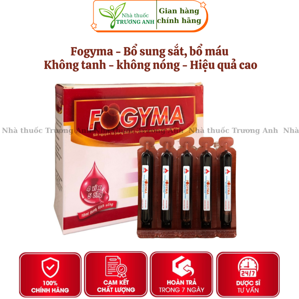Sắt ống Fogyma bổ sung sắt hữu cơ. Hấp thu tốt, hiệu quả nhanh, không tanh, không nóng. Hộp 20 ống