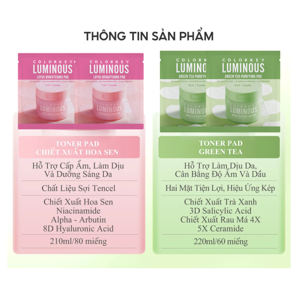Ảnh 2 của Toner Pad Colorkey Luminous làm dịu da cân bằng độ ẩm sâu, làm đều màu da dưỡng sáng da