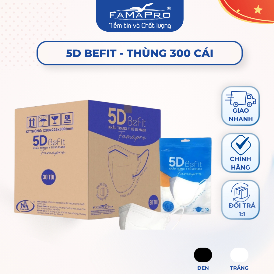[THÙNG 300 CÁI] Khẩu trang y tế 3 lớp 5D Befit Famapro giá tốt