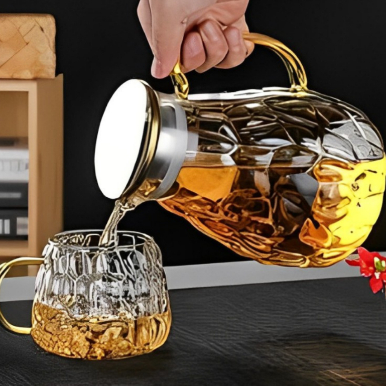 Bộ Bình thuỷ tinh họa tiết mắt na, bình nước thuỷ tinh chịu nhiệt nhập khẩu cao cấp, có thể đun được