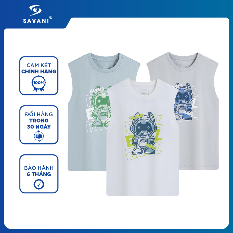 Áo Ba Lỗ Bé Trai SAVANI, Chất Vải Cotton Thoáng Khí, Dễ Dàng Vận Động, Thấm Hút Mồ Hôi BBLA101S6