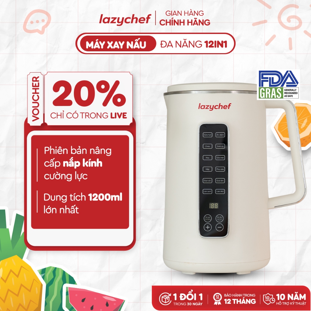 Máy Xay Nấu Đa Năng 12 Chức Năng Lazychef - Máy Làm Sữa Hạt, Máy Xay Sinh Tố, dung tích 1200ml