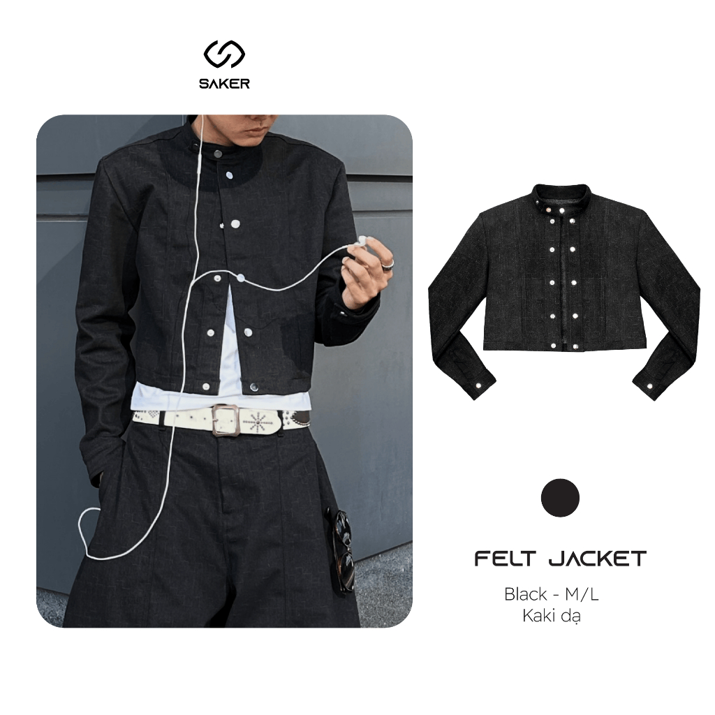 Áo Khoác Kaki Croptop Nam SAKER Felt Jacket Cổ Tròn Nút Bấm, Màu Đen Họa Tiết Trắng Nhỏ