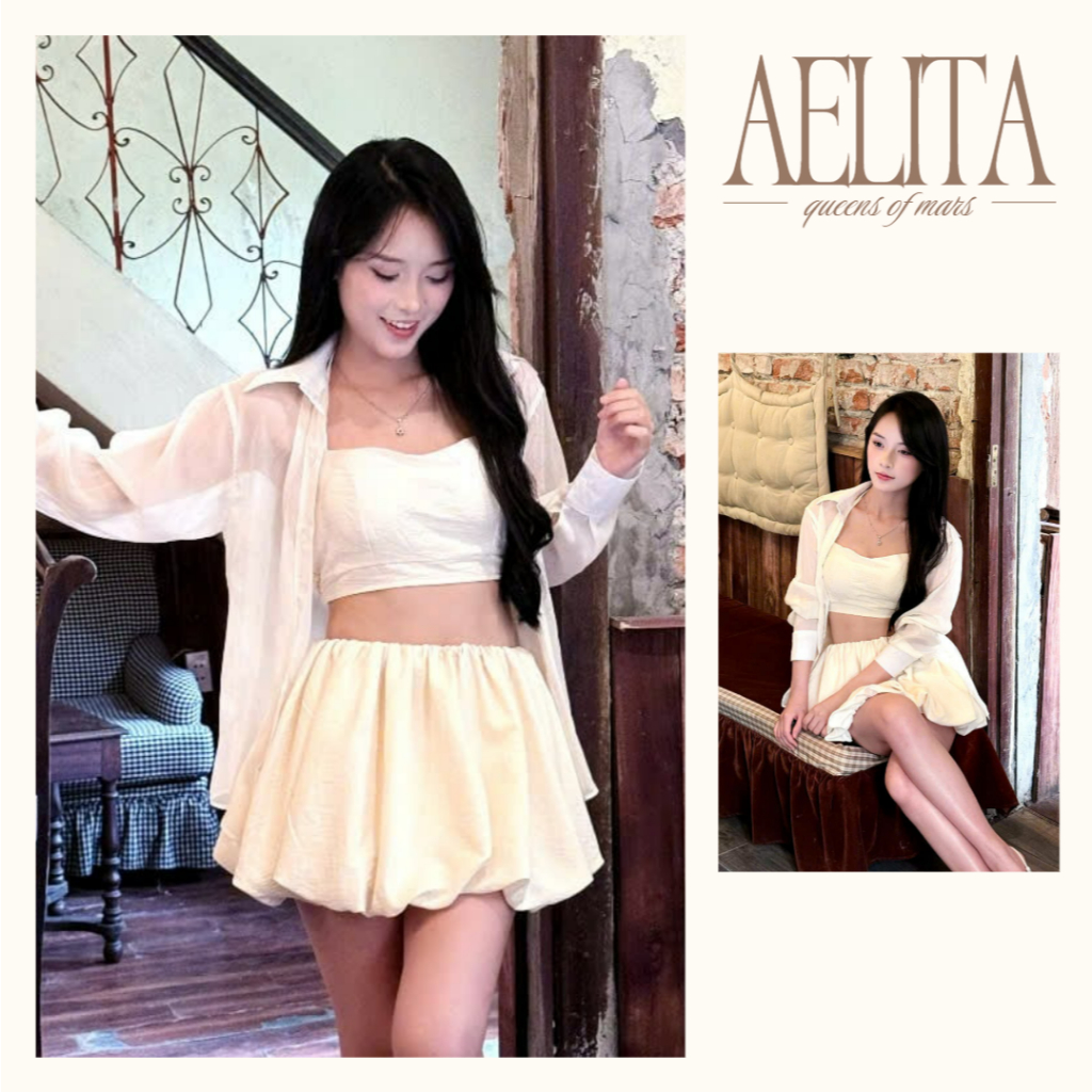 Set áo croptop và chân váy bubble be kem kèm áo khoác mỏng đi biển, đi du lịch AELITA - TR17
