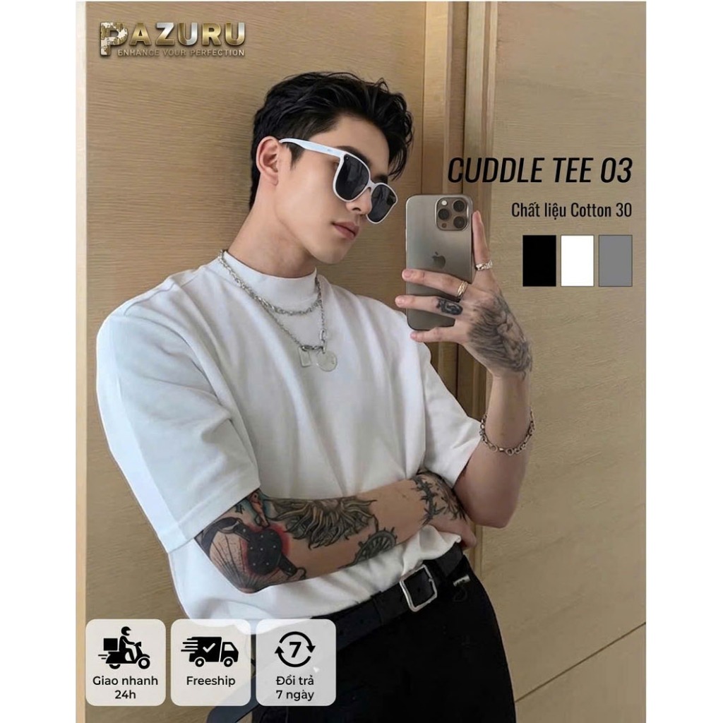 Áo Thun Nam PAZURU Cuddle Tee 03 Cổ Cao 3cm Cotton 30s Cao Cấp Co Giãn Phom Rộng Unisex - CUDDLE03