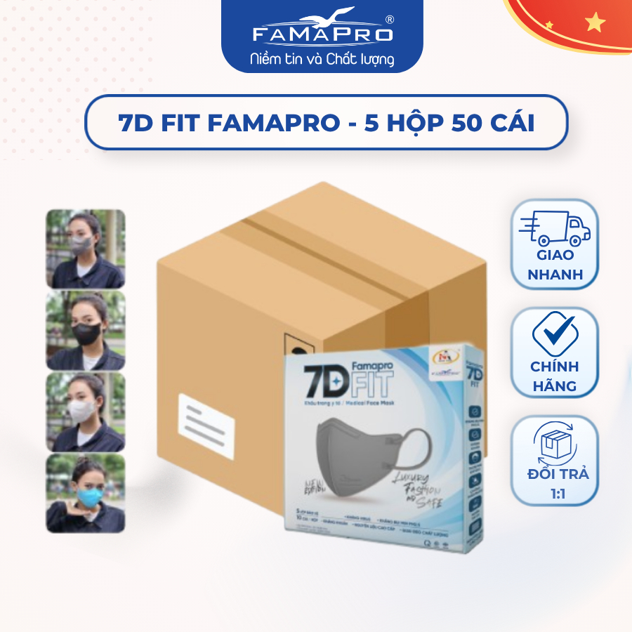 [THÙNG 50 HỘP] Khẩu trang 5 lớp cao cấp 7D Fit Famapro Nam Anh 500 cái