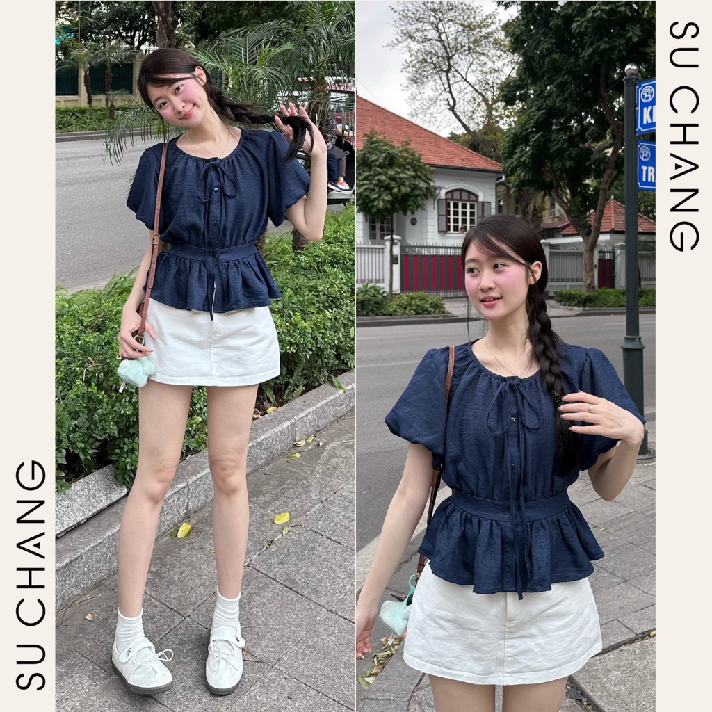 Áo Sơ Mi Cộc Tay Cổ Tròn Tay Bồng Chun Lưng A855 Su Chang Thời Trang Nữ | BigBuy360 - bigbuy360.vn