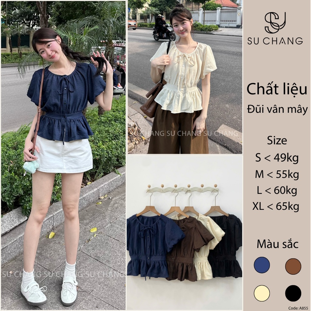 Áo Sơ Mi Cộc Tay Cổ Tròn Tay Bồng Chun Lưng A855 Su Chang Thời Trang Nữ | BigBuy360 - bigbuy360.vn